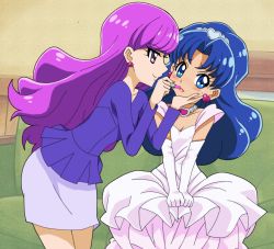 Rule 34 | 10s, 2girls, alternate hairstyle, applying makeup, blue eyes, blue hair, blush, dress, earrings, embarrassed, gloves, hair down, hairband, hand on another&#039;s cheek, hand on another&#039;s face, jewelry, kirakira precure a la mode, kotozume yukari, lipstick, long hair, long sleeves, looking at viewer, makeup, masaru (win800), multiple girls, necklace, official style, pencil skirt, precure, purple eyes, purple hair, skirt, smile, smirk, sweatdrop, tategami aoi, white dress