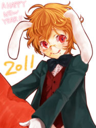 Rule 34 | 10s, 1boy, 2011, animal ears, bad id, bad pixiv id, blonde hair, blush, bow, bowtie, carrot, chinese zodiac, glasses, gloves, happy new year, licking lips, male focus, moyoriaki, new year, original, rabbit (chinese zodiac), rabbit ears, red eyes, simple background, smile, solo, tongue, tongue out, white background