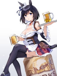 Rule 34 | 1girl, absurdres, akitsuki (oenothera), alcohol, animal ears, beer, beer mug, black hair, black thighhighs, blue eyes, blush, breasts, cleavage, cup, dirndl, eishin flash (umamusume), frilled sleeves, frills, german clothes, gradient background, highres, holding, holding cup, holding tray, horse ears, horse girl, horse tail, large breasts, mug, open mouth, red skirt, short hair, simple background, skirt, solo, striped clothes, striped skirt, tail, thighhighs, tray, umamusume, vertical-striped clothes, vertical-striped skirt, white background