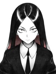 Rule 34 | 1other, androgynous, black hair, bort, closed mouth, collared shirt, colored inner hair, gem uniform (houseki no kuni), highres, houseki no kuni, jacket, limited palette, long hair, looking at viewer, multicolored hair, necktie, other focus, parted bangs, red hair, shirt, simple background, solo, straight hair, streaked hair, tsurime, upper body, yonq98