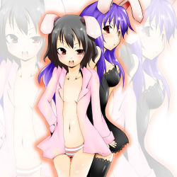 Rule 34 | 2girls, animal ears, black hair, black legwear, blush, breasts, female focus, flat chest, inaba tewi, kotaka, long hair, looking at viewer, medium breasts, multiple girls, navel, no bra, open clothes, open mouth, open shirt, panties, purple hair, rabbit ears, red eyes, reisen udongein inaba, shirt, small breasts, striped clothes, striped panties, thighhighs, touhou, underwear, zoom layer