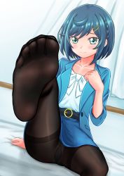 Rule 34 | 1girl, arm support, belt, black pantyhose, blue coat, blue hair, blue skirt, blush, bob cut, coat, collarbone, commentary request, delicious party precure, embarrassed, eyelashes, feet, foot focus, foot up, foreshortening, fuwa kokone, green eyes, hair ornament, hairclip, hand up, highres, hinosaki, legs, medium hair, miniskirt, no shoes, pantyhose, precure, shadow, shirt, sitting, skirt, smile, soles, solo, thighs, toes, white shirt