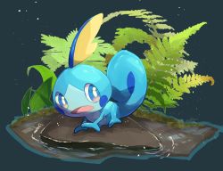 Rule 34 | blue eyes, commentary request, creatures (company), full body, game freak, gen 8 pokemon, highres, leaf, looking to the side, nintendo, no humans, nullma, open mouth, pokemon, pokemon (creature), sobble, solo, tongue, water