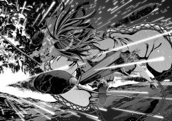 Rule 34 | 1girl, action, akane harurou, arrow (projectile), bow (weapon), dodging, drawing bow, explosion, firing, flight deck, from behind, greyscale, hachimaki, headband, holding, holding bow (weapon), holding weapon, kantai collection, monochrome, ocean, ponytail, quiver, shell, solo, weapon, wide sleeves, zuihou (kancolle)