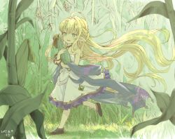 Rule 34 | 10s, 1girl, absurdly long hair, ahoge, bangle, blonde hair, bracelet, carrying, corn, corn field, dated, dress, floating hair, food, frilled dress, frills, granblue fantasy, green eyes, harvin, holding, holding food, jewelry, light smile, long hair, melissabelle, motitoy, no nose, no pupils, no socks, open mouth, outdoors, plant, pointy ears, running, shawl, shoes, sleeveless, sleeveless dress, solo, strap slip, very long hair, white dress