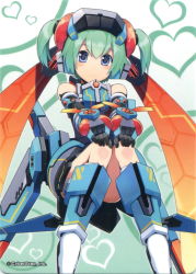 Rule 34 | 1girl, ass, berzelius girl, blue eyes, cosmic break, flat chest, green hair, highres, mecha musume, official art, short hair, simple background, sitting, smile, solo, twintails, wakaba sprout