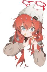 Rule 34 | 1girl, b zhan cm yang, beanie, blue archive, blue eyes, blush, braid, closed mouth, grey jacket, halo, hat, highres, holding, holding own hair, jacket, long hair, long sleeves, maki (blue archive), maki (camp) (blue archive), official alternate costume, official alternate hairstyle, red hair, red halo, simple background, solo, twin braids, upper body, white background, white hat
