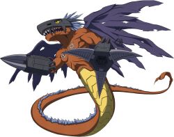 Rule 34 | bandai, blue hair, digimon, digimon (creature), digimon survive, dragon, dragon tail, dragon wings, flying, full body, helmet, highres, looking to the side, mechanical arms, mechanical wings, megadramon, muscular, official art, open mouth, pectorals, sharp teeth, simple background, solo, tail, teeth, weapon, wings