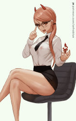 Rule 34 | 1girl, adjusting eyewear, bare legs, bespectacled, between breasts, black-framed eyewear, black necktie, breasts, chainsaw man, chair, commentary request, covered erect nipples, cross-shaped pupils, crossed legs, crosshair pupils, demon horns, fangs, feet out of frame, fire, fire, glasses, hair over shoulder, highres, horns, long hair, looking at viewer, medium breasts, miniskirt, necktie, necktie between breasts, no bra, over-rim eyewear, pencil skirt, pink hair, power (chainsaw man), red horns, see-through, semi-rimless eyewear, shirt, sitting, skirt, solo, symbol-shaped pupils, white background, white shirt, yellow eyes, zefrableu