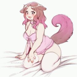 Rule 34 | 1girl, :3, absurdres, animal ears, arm support, artist name, blush, breasts, brown eyes, brown hair, brown tail, chadolbaegi, character request, cleavage, collar, colored extremities, commentary, copyright request, english commentary, full body, gradient hair, gradient tail, highres, kneeling, long hair, looking at viewer, medium breasts, multicolored hair, open mouth, pink collar, pink hair, pink tail, plump, simple background, solo, tail, thighhighs, twitter username, white background, white thighhighs