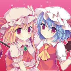 Rule 34 | 2girls, ascot, bat wings, blonde hair, blue hair, blush, cosplay, costume switch, flandre scarlet, flandre scarlet (cosplay), hat, long hair, looking at viewer, multiple girls, red background, red eyes, remilia scarlet, remilia scarlet (cosplay), short hair, siblings, side ponytail, sisters, smile, star (symbol), starry background, swami, touhou, wings
