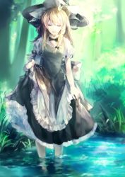 Rule 34 | 1girl, :d, asuna (i luv), bad id, bad pixiv id, black bow, black bowtie, blonde hair, bow, bowtie, braid, closed eyes, clothes lift, commentary request, day, dress, dress lift, forest, frilled dress, frills, hat, hat bow, kirisame marisa, light rays, long hair, nature, no nose, open mouth, plant, pond, puffy short sleeves, puffy sleeves, short sleeves, single braid, smile, solo, standing, sunlight, touhou, tree, wading, water, witch hat