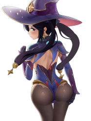 Rule 34 | 1girl, absurdres, artist request, ass, black hair, blush, detached sleeves, elbow gloves, embarrassed, from behind, genshin impact, gloves, green eyes, hair ornament, hair ribbon, hand on ass, hat, highres, leotard, long hair, looking at viewer, looking back, mona (genshin impact), pantyhose, ribbon, shiny clothes, solo, twintails, very long hair