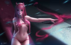 Rule 34 | 1girl, absurdres, artist name, bad id, bad pixiv id, breasts, cowboy shot, d-han, darling in the franxx, green eyes, hair over breasts, hairband, highres, horns, long hair, medium breasts, navel, outstretched arm, panties, pink hair, pink lips, red horns, red panties, signature, solo, stomach, underwear, underwear only, white hairband, zero two (darling in the franxx)