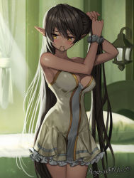 Rule 34 | 1girl, adjusting hair, armpits, bare shoulders, bed, bedroom, black hair, breasts, cleavage, closed mouth, curtains, dark elf, dark skin, dark-skinned female, dress, elf, grey scrunchie, large breasts, long hair, looking to the side, mouth hold, original, pillow, pointy ears, scrunchie, solaris (sinhyg), solo, standing, thighs, very long hair, white dress, wrist scrunchie, yellow eyes