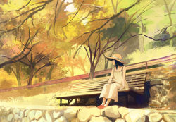 Rule 34 | 1girl, arm support, autumn leaves, bad id, bad pixiv id, bare shoulders, bench, black hair, cobblestone, dress, gemi, guard rail, hat, long hair, looking away, original, profile, sitting, solo, straw hat, sun hat, tree, white dress, yellow theme