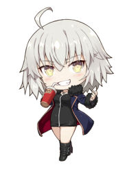 Rule 34 | 1girl, ahoge, bendy straw, black dress, black footwear, blue jacket, boots, breasts, commentary request, cup, disposable cup, dress, drinking straw, fate/grand order, fate (series), fur-trimmed jacket, fur-trimmed sleeves, fur trim, gabiran, grey hair, grin, hair between eyes, high heel boots, high heels, holding, holding cup, jacket, jeanne d&#039;arc (fate), jeanne d&#039;arc alter (fate), jeanne d&#039;arc alter (ver. shinjuku 1999) (fate), knee boots, long hair, long sleeves, lowres, medium breasts, official alternate costume, open clothes, open jacket, short dress, simple background, smile, solo, white background, wicked dragon witch ver. shinjuku 1999, yellow eyes