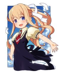 Rule 34 | 1girl, :d, air (visual novel), black dress, blonde hair, blue eyes, blue sky, blush, brown shirt, cloud, collared shirt, day, dress, english text, feathers, hair between eyes, hair ribbon, kamio misuzu, looking at viewer, mawaru (mawaru), necktie, open mouth, outstretched arms, ponytail, puffy short sleeves, puffy sleeves, red necktie, ribbon, shirt, short necktie, short sleeves, sky, sleeveless, sleeveless dress, smile, solo, white feathers, white ribbon