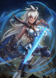 Rule 34 | 1girl, absurdres, ahoge, armor, armored boots, armored dress, black gloves, blue dress, boots, breastplate, commentary request, dark skin, dark-skinned female, dress, gloves, glowing, glowing sword, glowing weapon, granblue fantasy, hair between eyes, highres, holding, holding shield, holding sword, holding weapon, long hair, looking at viewer, red eyes, shield, short dress, sleeveless, sleeveless dress, solo, sword, very long hair, weapon, wei xiao, white hair, zooey (granblue fantasy)