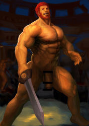 Rule 34 | 1boy, abs, absurdres, bar censor, bara, beard, censored, colosseum, completely nude, dark skin, dark-skinned male, erection, facial hair, fate/grand order, fate/zero, fate (series), feet out of frame, foreskin, hairy, highres, holding, holding sword, holding weapon, iskandar (fate), large pectorals, large penis, male focus, muscular, navel, navel hair, nipples, nude, pectorals, penis, red eyes, red hair, short hair, solo, sword, thick thighs, thighs, treesiming, veins, weapon