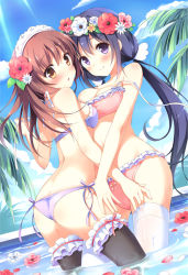 Rule 34 | 2girls, afloat, ass, bad id, bad pixiv id, bare arms, bare shoulders, bikini, black legwear, blush, bow, breasts, brown eyes, brown hair, butt crack, cameltoe, cleavage, cloud, day, dutch angle, flower, frilled bikini, frilled legwear, frills, hair between eyes, hair flower, hair ornament, head wreath, long hair, looking at viewer, looking back, low twintails, maid headdress, medium breasts, multiple girls, original, outdoors, palm tree, pan (mimi), partially submerged, petals, pool, purple eyes, purple hair, ribbon, side-tie bikini bottom, sky, smile, standing, sunlight, swimsuit, thighhighs, tree, twintails, very long hair, wading, water, wet