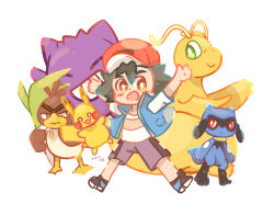 Rule 34 | 1boy, absurdres, arms up, ash ketchum, baseball cap, black hair, blue footwear, blue vest, brown eyes, chibi, creatures (company), dated, dragonite, full body, galarian farfetch&#039;d, game freak, gen 1 pokemon, gen 4 pokemon, gengar, grin, hair between eyes, hands up, hat, highres, legs apart, looking at viewer, nintendo, open hands, open mouth, outstretched arms, pikachu, pokemon, pokemon (anime), pokemon (creature), pokemon journeys, red headwear, riolu, shirt, shoes, short hair, short sleeves, shorts, smile, spring onion, vest, white background, white shirt