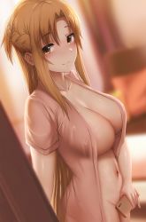 Rule 34 | 1girl, asuna (sao), blurry, blurry background, blush, breasts, brown eyes, brown hair, cellphone, collarbone, covering crotch, covering privates, depth of field, from side, ginhaha, highres, large breasts, long hair, looking at viewer, navel, nightgown, open clothes, phone, pink nightgown, revision, smile, solo, standing, stomach, sword art online