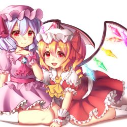 Rule 34 | 2girls, arm up, ascot, bat wings, blonde hair, brooch, cropped legs, crystal, fang, fang out, feet out of frame, flandre scarlet, glowing, hair between eyes, hand on own chest, hands on ground, hat, hat ribbon, jewelry, kneeling, light purple hair, looking at viewer, mob cap, momoyama riyo, multiple girls, open mouth, puffy short sleeves, puffy sleeves, purple shirt, purple skirt, red ascot, red eyes, remilia scarlet, ribbon, shirt, short hair, short sleeves, siblings, side ponytail, simple background, sisters, sitting, skirt, skirt set, smile, socks, sparkle, touhou, wariza, white background, white legwear, wings, wrist cuffs, yellow ascot