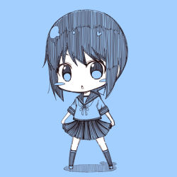 Rule 34 | 10s, 1girl, blue background, blue theme, blush stickers, chestnut mouth, chibi, fubuki (kancolle), kantai collection, kneehighs, kouji (campus life), low ponytail, monochrome, open mouth, pleated skirt, ponytail, short hair, short ponytail, short sleeves, sketch, skirt, skirt hold, socks, solo, triangle mouth