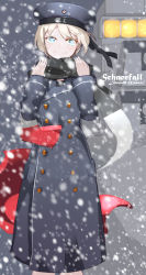 Rule 34 | 10s, 1girl, aosora kamiya, blonde hair, blue eyes, coat, double-breasted, german text, hat, highres, kantai collection, looking at viewer, sailor hat, scarf, short hair, snowing, solo, translated, winter clothes, winter coat, z1 leberecht maass (kancolle)