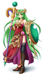 Rule 34 | 1girl, alternate color, anklet, asymmetrical footwear, black thighhighs, breasts, dress, full body, gold, green eyes, green hair, highres, hip focus, jewelry, kid icarus, layered clothes, long hair, long skirt, matching hair/eyes, mazume, medium breasts, mismatched footwear, nintendo, ornament, palutena, purple skirt, red dress, shield, side slit, simple background, single thighhigh, skirt, smile, solo, staff, strapless, strapless dress, super smash bros., thighhighs, uneven footwear, very long hair, white background