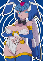 Rule 34 | 1girl, absurdres, animal ears, arms under breasts, bare shoulders, black bow, black bowtie, blue background, blue eyes, blue helmet, blue thighhighs, blush, bow, bowtie, breasts, bridal gauntlets, buzzlyears, cleavage, cowboy shot, detached collar, fairy leviathan (mega man), fake animal ears, forehead jewel, highres, large breasts, leotard, looking at viewer, mega man (series), mega man zero (series), playboy bunny, rabbit ears, solo, thighhighs, white leotard