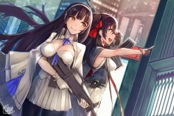 Rule 34 | 2girls, assault rifle, black hair, black legwear, blush, breasts, brown eyes, bullpup, buttons, cape, cityscape, cleavage, closed mouth, corset, double-breasted, flower, girls&#039; frontline, gloves, gun, hair between eyes, hair flower, hair ornament, hair ribbon, hairband, highres, holding, holding gun, holding weapon, large breasts, long hair, looking away, mappaninatta, multiple girls, necktie, outdoors, pantyhose, pleated skirt, pointing, qbz-95, qbz-97, ribbon, rifle, shirt, sidelocks, signature, skirt, sleeveless, sleeveless shirt, smile, thighhighs, trigger discipline, twintails, twitter username, type 95 (girls&#039; frontline), type 97 (girls&#039; frontline), underbust, very long hair, weapon, white gloves, white hairband, white legwear, white shirt, white skirt, yellow eyes
