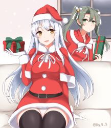 Rule 34 | 2girls, absurdres, alternate costume, bad id, bad pixiv id, black thighhighs, blush, box, breasts, brown eyes, christmas, closed mouth, couch, fur trim, gift, gift box, gloves, green eyes, green hair, hair between eyes, hair ribbon, hat, highres, ibuki grunt, kantai collection, large breasts, long hair, long sleeves, looking at viewer, multiple girls, night, open mouth, panties, ribbon, santa costume, santa gloves, santa hat, shoukaku (kancolle), sitting, small breasts, smile, thighhighs, twintails, underwear, white hair, white panties, white ribbon, window, zuikaku (kancolle)