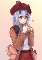 Rule 34 | 1girl, bad id, bad pixiv id, bag, belt, blush, bottle, casual, coat, commentary request, contemporary, fate/grand order, fate (series), handbag, hat, heart, highres, holding, holding bottle, horns, kiryuu aoi, long hair, looking at viewer, low-tied long hair, oni horns, open clothes, open coat, red eyes, red skirt, ribbed sweater, silver hair, skirt, smile, solo, sweater, tomoe gozen (fate), twitter username, very long hair