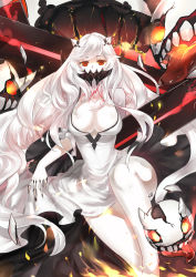 Rule 34 | 10s, absurdres, abyssal ship, breasts, cleavage, covered mouth, dress, escort fortress (kancolle), fm, highres, horns, kantai collection, large breasts, long hair, midway princess, pale skin, red eyes, silver hair, veins, very long hair, white dress