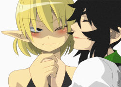 Rule 34 | 2girls, alternate eye color, bags under eyes, black eyes, black hair, blonde hair, blush, closed eyes, closed mouth, freckles, holding hands, long hair, looking at another, mizuhashi parsee, multiple girls, open mouth, pointy ears, reiuji utsuho, shaded face, shirt, simple background, smile, touhou, uraraku shimuni, white background, white shirt, yuri