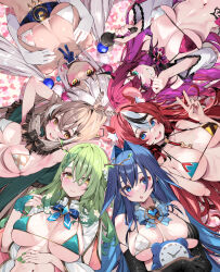 Rule 34 | 6+girls, :o, animal ear fluff, animal ears, antlers, aqua eyes, bikini, blue eyes, blue hair, breasts, brown hair, ceres fauna, clock, closed mouth, covered erect nipples, feather hair ornament, feathers, green hair, green nails, grin, hair intakes, hair ornament, hakos baelz, heterochromia, high ponytail, highres, holding, holding microphone, hololive, hololive english, horns, irys (hololive), large breasts, low twintails, lying, medium breasts, micro bikini, microphone, mouse ears, multiple girls, nanashi mumei, navel, on back, open mouth, ouro kronii, pointy ears, purple eyes, purple hair, red hair, red nails, sharp teeth, smile, stomach, swimsuit, teeth, tsukumo sana, twintails, v, virtual youtuber, waterring, white hair, yellow eyes