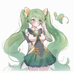 Rule 34 | 1girl, alternate hair color, detached sleeves, glasses, green hair, league of legends, long hair, magical girl, mouse (animal), sona (league of legends), star guardian (league of legends), star guardian sona, twintails, very long hair