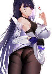 Rule 34 | 1girl, absurdres, an yasuri, ass, bare shoulders, black pantyhose, blunt bangs, blush, breasts, clothes lift, detached sleeves, dress, dress lift, flat ass, from behind, garter belt, gloves, highres, honkai (series), honkai impact 3rd, large breasts, lifting own clothes, long hair, looking at viewer, panties, panties under pantyhose, pantyhose, purple eyes, purple hair, raiden mei, sideboob, single glove, skirt, skirt lift, solo, standing, thighs, underwear, very long hair, white background