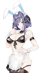 Rule 34 | 1girl, animal ears, apron, armband, artist name, bare shoulders, black bra, blue hair, blue nails, bra, breasts, chain, collar, fake animal ears, frilled armband, frilled collar, frills, garter belt, hair between eyes, hair intakes, hair ornament, hand on own hip, highres, hololive, hololive english, leotard, maid apron, maid headdress, medium breasts, medium hair, nail polish, ouro kronii, playboy bunny, sidelocks, simple background, softmode, solo, swimsuit, thighhighs, underwear, virtual youtuber, white background, wrist cuffs