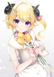 Rule 34 | 1girl, absurdres, animal ears, blonde hair, blush, bow, breasts, choker, closed mouth, commentary request, curled horns, fingernails, flower, flower bracelet, from above, hair between eyes, hair ribbon, head tilt, high-waist skirt, highres, holding, holding flower, hololive, horns, large breasts, long hair, looking at viewer, multicolored eyes, nyasunyadoora, official alternate costume, pink ribbon, purple eyes, red choker, ribbon, ribbon choker, sailor collar, see-through, see-through sleeves, sheep ears, sheep girl, sheep horns, short sleeves, side ponytail, signature, skirt, smile, solo, striped, tsunomaki watame, tsunomaki watame (street casual), tulip, virtual youtuber, white bow, white flower, white skirt, yellow eyes, yellow flower