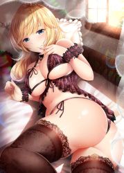 Rule 34 | 1girl, 3:, arm garter, ass, babydoll, bad id, bad twitter id, bare shoulders, blonde hair, blue eyes, blush, breasts, brown panties, brown thighhighs, fingers to mouth, floral print, garana, highres, hip focus, idolmaster, idolmaster cinderella girls, lace, lace-trimmed legwear, lace trim, large breasts, lens flare, light particles, light rays, lingerie, long hair, looking at viewer, lying, nail polish, navel, ohtsuki yui, on bed, on side, panties, pillow, pink nails, revealing clothes, side-tie panties, solo, stenciled rose, sweat, swept bangs, thighhighs, thighs, underboob, underwear, wavy hair, window, frilled wristband