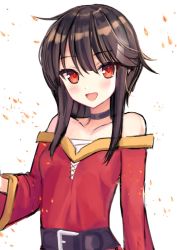 Rule 34 | 1girl, :d, bare shoulders, belt, black choker, blush, breasts, choker, collarbone, commentary, dress, embers, hair between eyes, kono subarashii sekai ni shukufuku wo!, looking at viewer, megumin, no headwear, open mouth, outstretched hand, red dress, red eyes, rei (ilust9999), sarashi, short hair, short hair with long locks, sidelocks, small breasts, smile, solo, upper body, white background