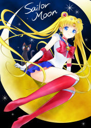 Rule 34 | 10s, 1girl, bishoujo senshi sailor moon, bishoujo senshi sailor moon crystal, black cat, blonde hair, blue eyes, blue sailor collar, blue skirt, boots, bow, brooch, cat, character name, choker, crescent moon, earrings, elbow gloves, floating hair, gloves, hair ornament, hairclip, highres, jewelry, kisaragi mizu, knee boots, long hair, looking at viewer, looking down, luna (sailor moon), moon, on crescent, red bow, red eyes, red footwear, sailor collar, sailor moon, sitting, skirt, smile, star (symbol), star earrings, tsukino usagi, twintails, very long hair, white gloves