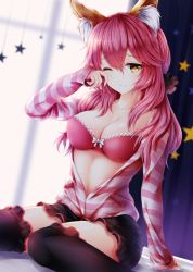 Rule 34 | 10s, 1girl, animal ears, blurry, bra, breasts, cleavage, commentary, depth of field, ears through headwear, fate/extra, fate/grand order, fate (series), fox ears, fox tail, highres, long hair, long sleeves, looking at viewer, medium breasts, official alternate costume, one eye closed, pink bra, pink hair, rubbing eyes, sitting, sleepy, solo, star (symbol), striped, tail, tamamo (fate), tamamo no mae (fate/extra), tamamo no mae (spring casual) (fate), thighhighs, underwear, wariza, window, wsman, yellow eyes