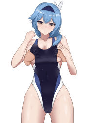 Rule 34 | 1girl, bare shoulders, blue hair, blush, grabbing another&#039;s breast, breasts, cleavage, competition swimsuit, eula (genshin impact), genshin impact, grabbing, grabbing from behind, groping, hairband, half-closed eyes, highleg, highres, n9at, one-piece swimsuit, simple background, solo focus, standing, swimsuit, wet, white background, yellow eyes