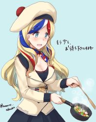 Rule 34 | 1girl, absurdres, beret, blonde hair, blue background, blue eyes, blue hair, breasts, buttons, cleavage, commandant teste (kancolle), cooking, cowboy shot, double-breasted, frying pan, hat, highres, kantai collection, long hair, medium breasts, minase (takaoka nanase), multicolored clothes, multicolored hair, multicolored scarf, open mouth, plaid, plaid scarf, pom pom (clothes), red hair, scarf, simple background, solo, streaked hair, translation request, twitter username, white hair