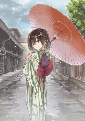 Rule 34 | 1girl, blush, brown eyes, brown hair, closed mouth, commission, green kimono, hair between eyes, highres, holding, holding umbrella, japanese clothes, kantai collection, kimono, long sleeves, matsutani, oil-paper umbrella, outdoors, rain, sendai (kancolle), short hair, skeb commission, smile, solo, two side up, umbrella, wide sleeves