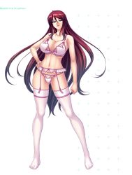Rule 34 | 00s, 1girl, beatrice kushan, bra, breasts, character name, cleavage, contrapposto, frills, full body, garter belt, garter straps, hand on own hip, japanese text, kagami hirotaka, kangoku senkan, kangoku senkan 3, large breasts, lilith-soft, lingerie, long hair, no shoes, panties, red hair, solo, standing, thighhighs, translation request, transparent background, underwear, underwear only, very long hair